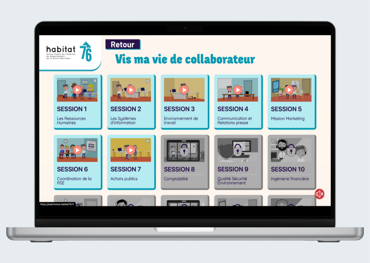 Illustration d'une plateforme e-learning gamifiée, intégrant vidéos, quiz et animations pour former les employés.